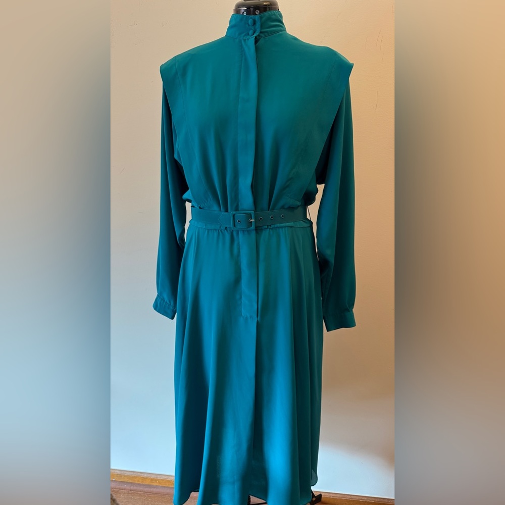 Vintage Teal Belted Midi Dress – Size 12 (Alain Toussaint)